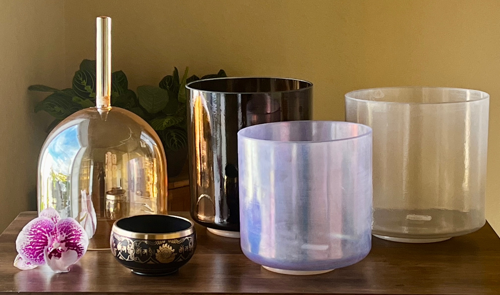 Crystal tone singing bowls arranged in the Samadhi studio